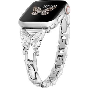 wipalor Butterfly Band for Bling Apple Watch Bands 42mm 41mm 40mm 38mm for Women, Metal Dressy iWatch Bands for Women, Designer Cute Strap for Apple Watch Band Series 11 10 9 SE 8 7 6 5 4 3-Silver