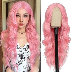 2 Pack NAYOO Long Pink Wavy Wig Middle Part for Women 26 Inch Light Pink Curly Wavy Wigs Natural Looking Synthetic Heat Resistant Fiber Wig for Daily Party Use 