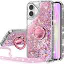 Silverback for iPhone 16 Case, Moving Liquid Holographic Sparkle Glitter Case with Kickstand, Girls Women Bling Diamond Ring Protective Case for iPhone 16 - Pink