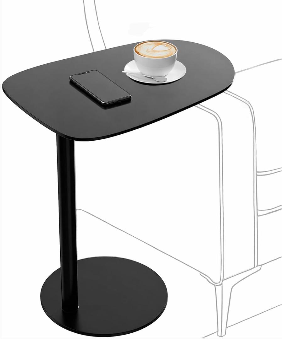 C Shaped End Table for Couch - Modern Metal Sofa Side Table with Round Base, Slide Under Accent Table for Small Spaces, Living Room Bedroom Office, Black, 24.8 Inch