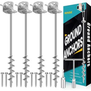 25" Ground Anchors Screw in, Mobile Home Anchors with Upgraded Wider Spiral Blades, Earth Shed Anchor High Wind Heavy Duty for Graden, Storage Shed, Trampoline, Carports, Swing Set(Silver-4x25in)
