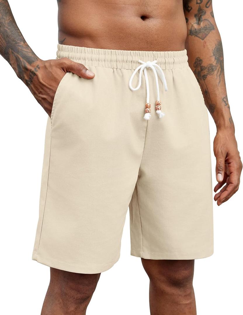 COOFANDY Mens Linen Shorts Casual Drawstring Elastic Waist Lightweight Summer Vacation Beach Shorts (Large, Cream)