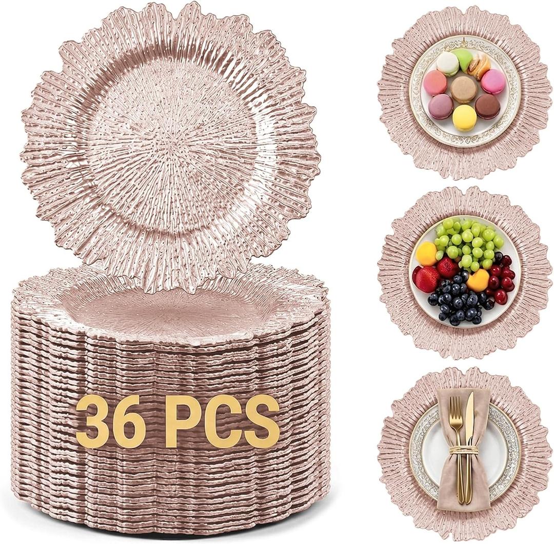 36 Pack Rose Gold Charger Plates, Reef Chargers for Dinner Plates
Floral Reef Charger Plates Plastic Chargers for Dinner Plates for Wedding Party Event Dinner Table Setting