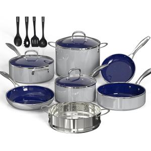 14PC Pots and Pans Set Non Stick Silver Gray, Ceramic Cookware Set, 9H Diamond-Reinforced, Forged Aluminum Fast Even Heating, PFAS-Free, Stay-Cool Stainless Handles, Induction, Oven & Dishwasher Safe