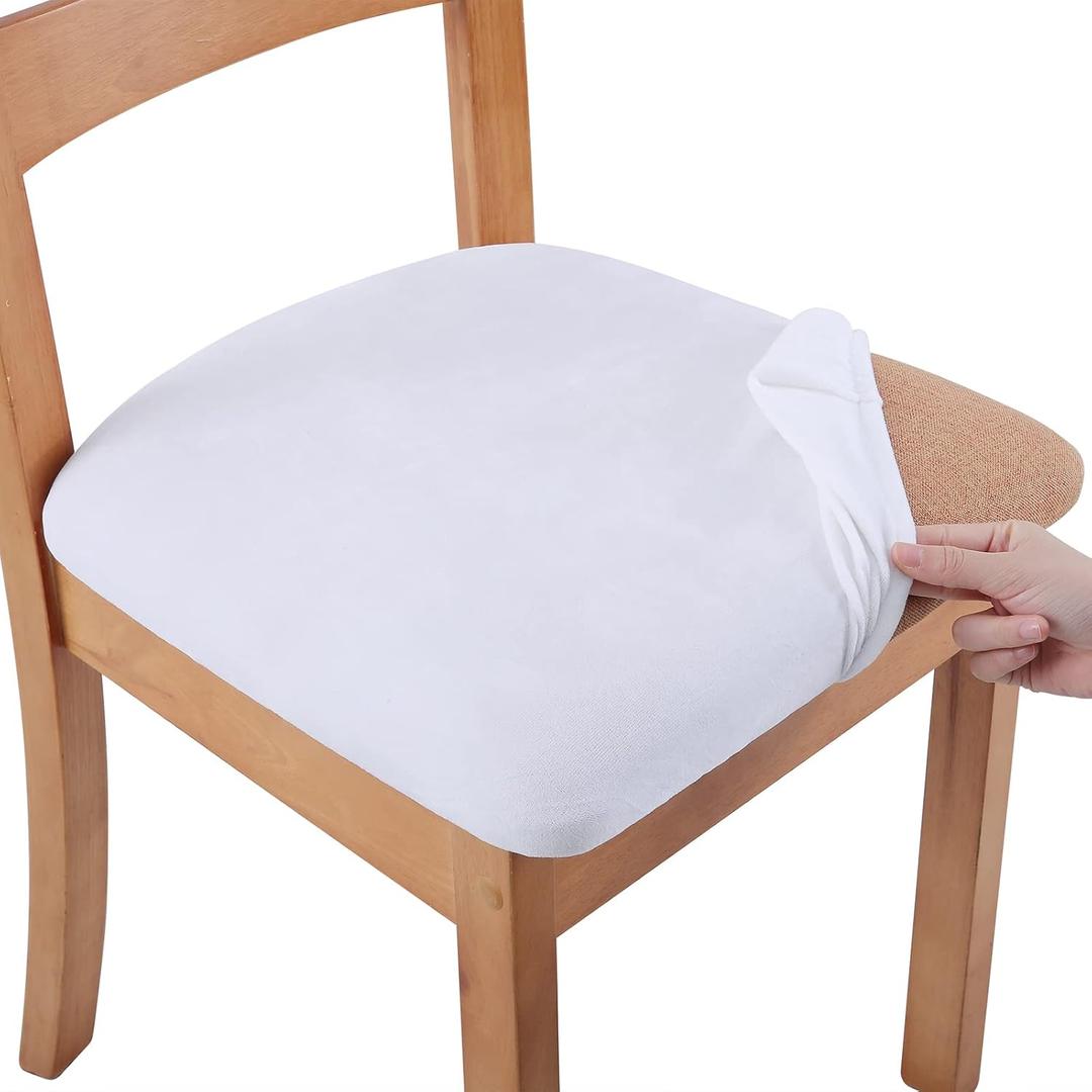 Smiry Velvet Seat Covers for Dining Room Chair Set of 2, Stretch Fit Removable Washable Chair Seat Cushion Protector Slipcovers with Ties, White