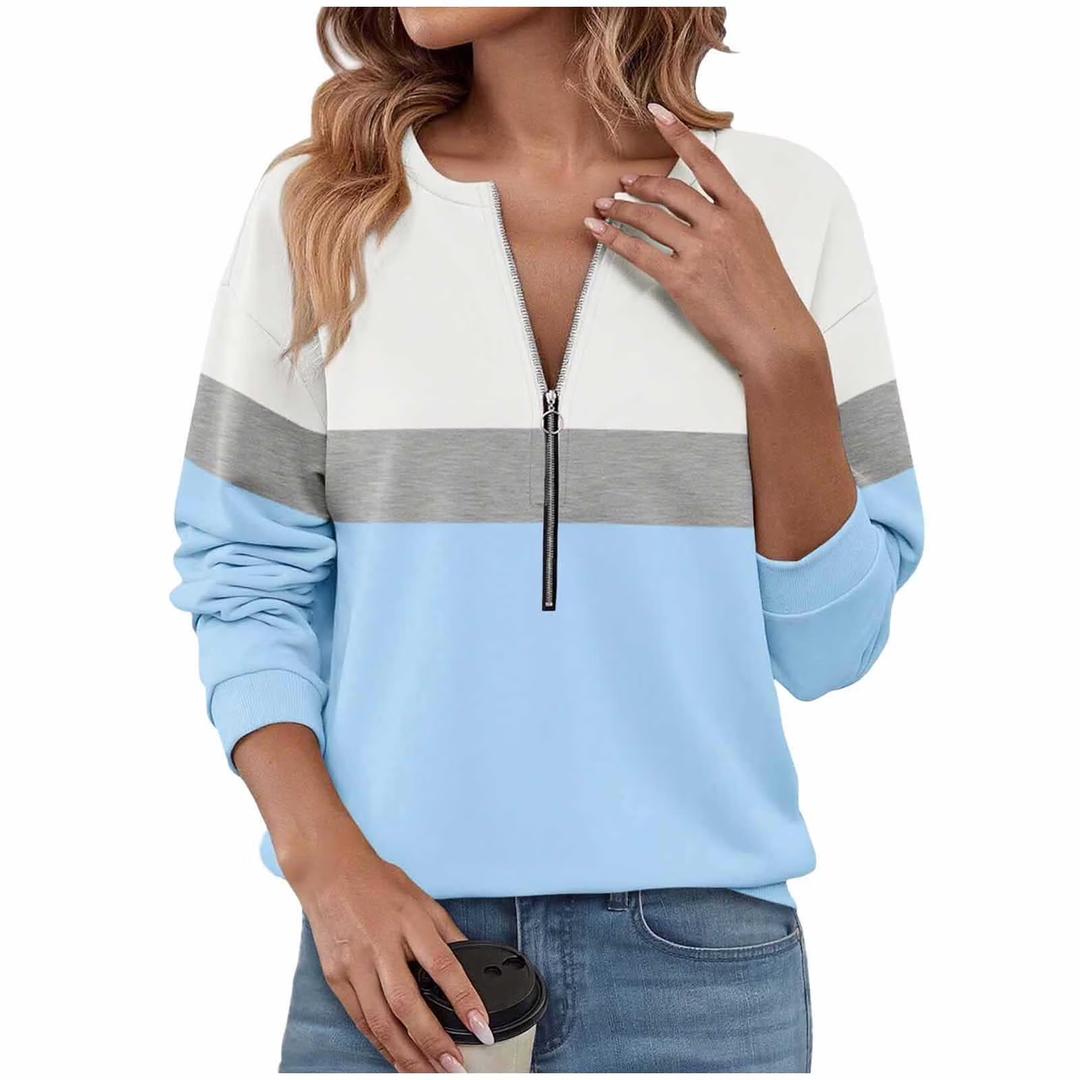 Womens Sweatshirts Half Zip Fleece Pullover Tops Color Block Quarter Zipper Hoodies Fall Winter Clothes, Medium