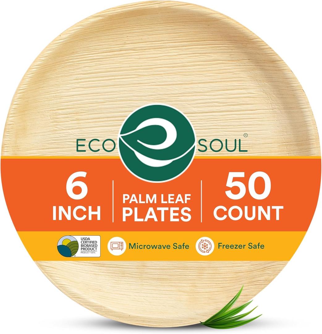 ECO SOUL Compostable 6 Inch Small Palm Leaf Round Plates (50 Count) Like Bamboo Plates|Biodegradable|Eco-Friendly, Microwave & Oven Safe (6" Round Plates, 50)