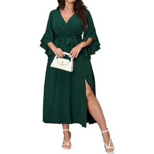 Womens Plus Size Dress Wedding Guest Cocktail Ruffle Half Sleeve Wrap V Neck Slit A Line Maxi Dresses with Belt (Green)