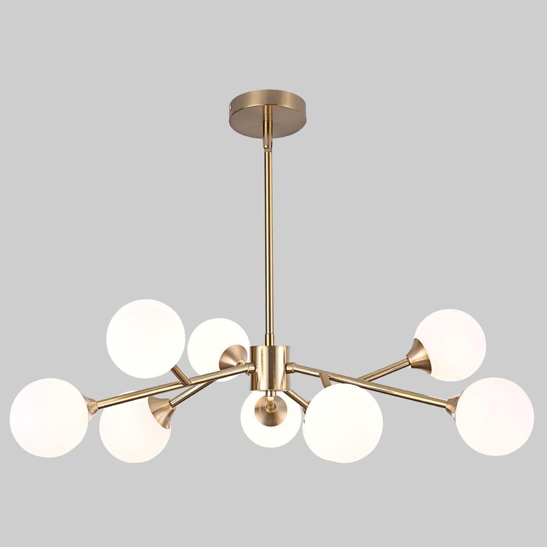 9-Light Gold Sputnik Chandelier Modern Mid Century Brushed Brass Light Fixture with White Glass Globe Ceiling Pendant Light Fixture