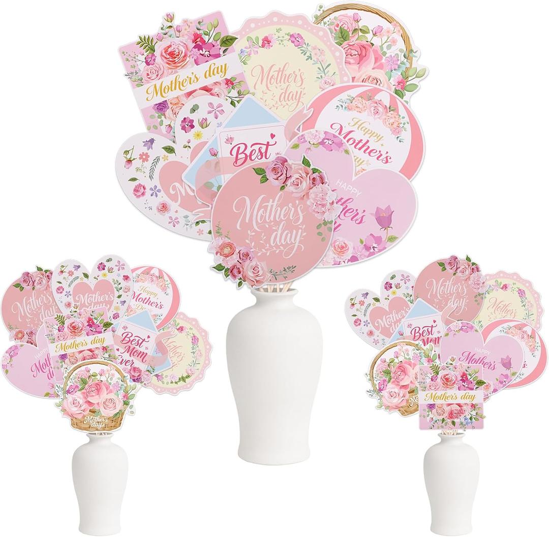 48 Pcs Happy Mother's Day Party Table Decorations Centerpiece Sticks, Best Mom Table Decorations Pink Flowers Table Toppers for Best Mom Love You Mother's Day Party Decoration Supplies