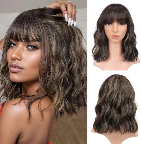 VCKOVCKO Short Bob Wigs Honey brown mix Blonde Wavy Wig With Air Bangs Women's Shoulder Length Wigs Curly Wavy Synthetic Cosplay Wig Pastel Bob Wig for Girl Colorful Wigs(12", Honey brown mix Blonde)