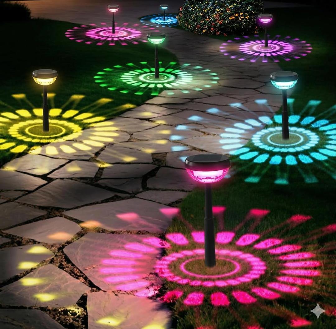 Ensenior Solar Pathway Lights IP65 Waterproof, RGB Color Changing & 6500K Cool White, 8-16Hr Runtime, Flower Pattern Garden Lights for Walkway Porch Yard - 10 Pack
