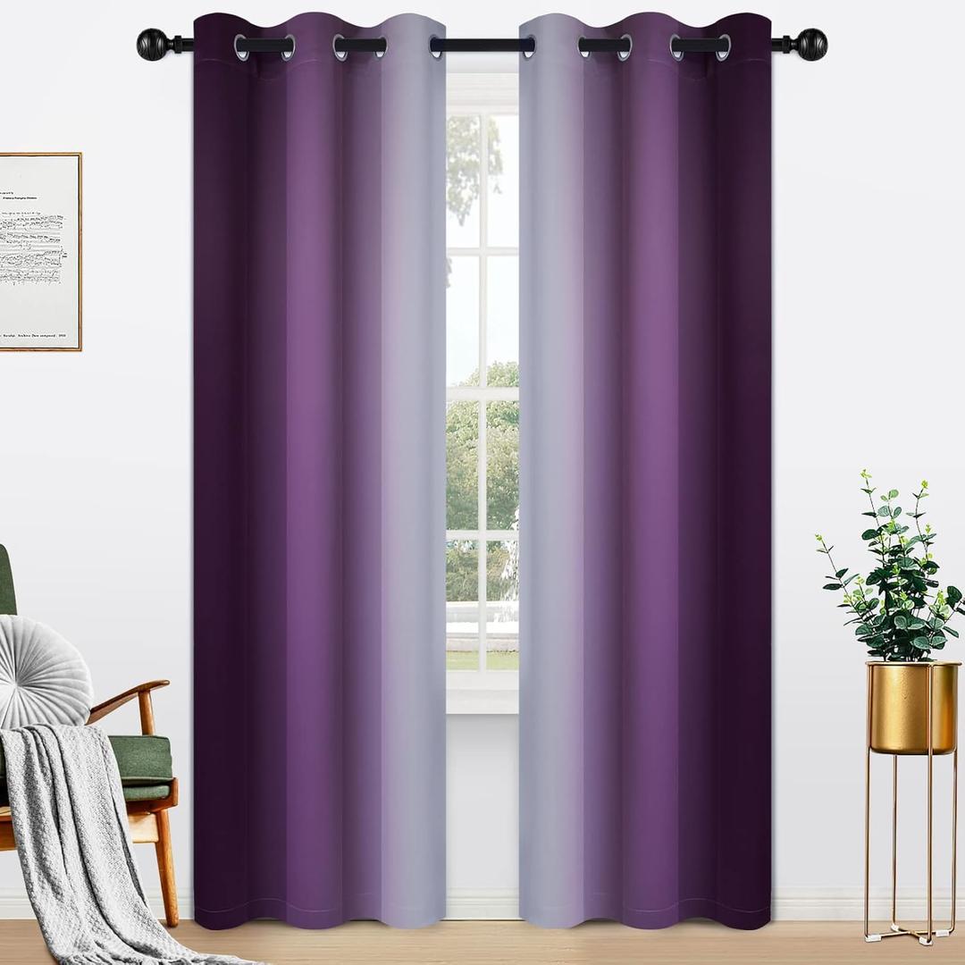 Yakamok Light Blocking Ombre Curtains, Greyish White and Purple Gradient Color Curtains, Room Darkening Grommet Window Drapes for Bedroom(Purple, 50x64 Inch, 2 Panels)