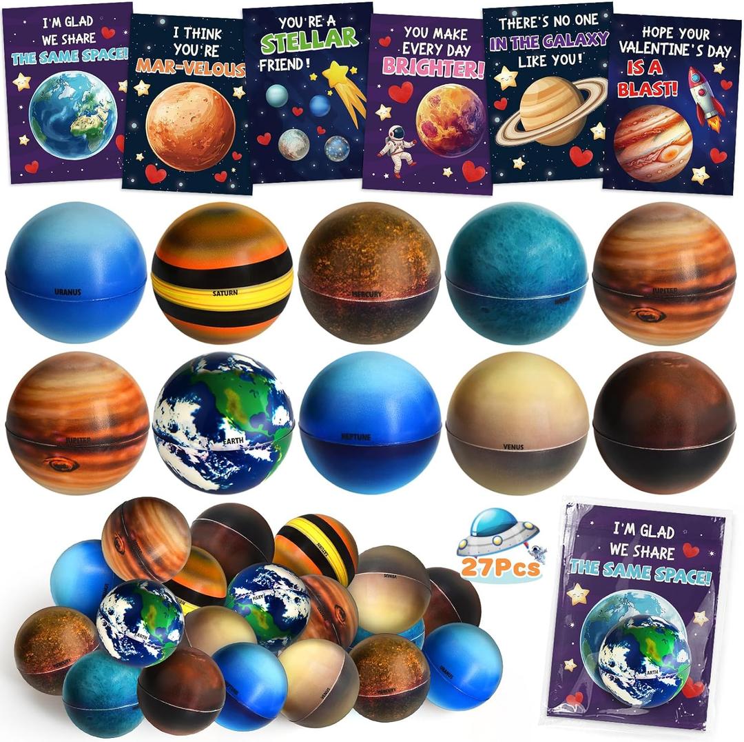 Valentines Day Gifts for Kids - 27 Pack Valentines Day Cards for Kids School with 9 Solar System Planet Balls, Bouncy Space Balls for Kids, Valentine Party Favors, Classroom Prize Exchange