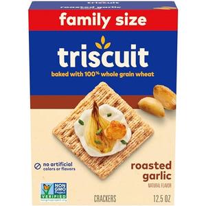 Triscuit Roasted Garlic Whole Grain Wheat Crackers, Snack Crackers, Lunch Snacks, Family Size, 12.5 oz, 6 pack, Best By: 24 DEC 2025