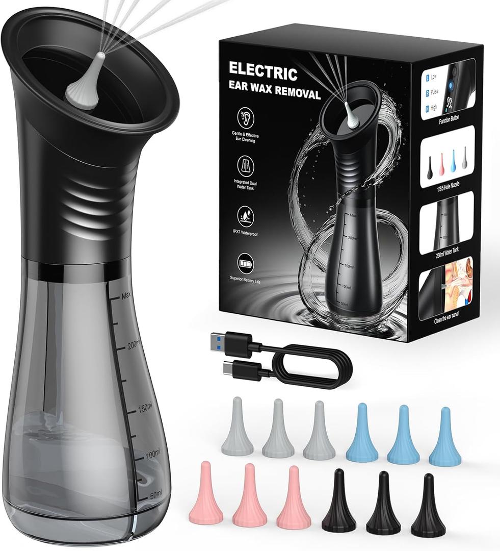 Ear Wax Removal, Electric Ear Cleaner with LED Display, FSA-HSA-Eligible, Ear Irrigation Kit with Dual Tank Includes 12 Tips, IPX7, Safe & Effective Cleaning for Adults & Kids, Easy to Use