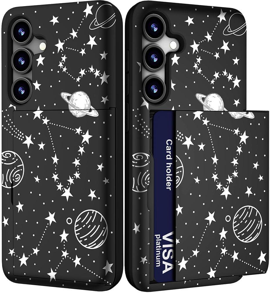 Compatible with Samsung Galaxy S23 FE Case Cute with Card Holder / S23FE Shockproof Slim Slot Wallet Phone Cover for Women/White Stars Universe Planets Galaxy Cosmo