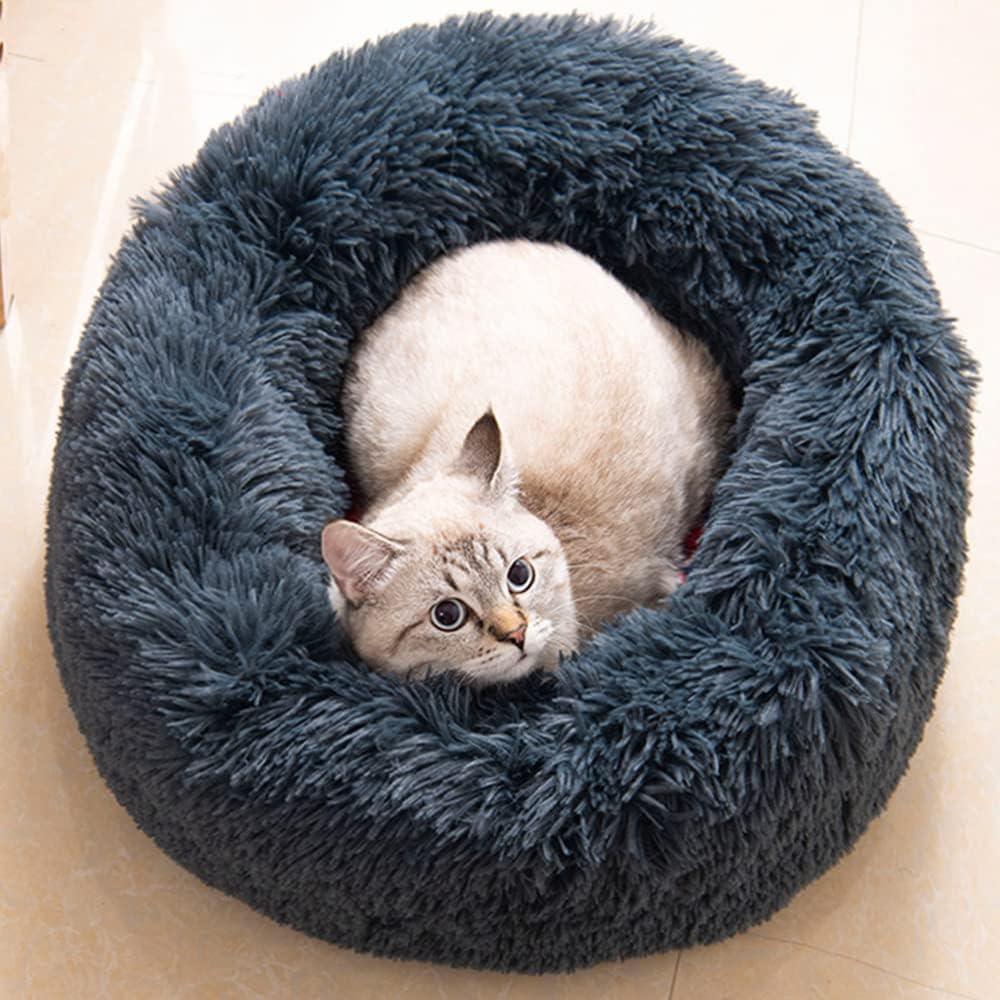 Cat Beds for Indoor Cats - Cat Bed Washable 10 inches, Dog Beds for Small Medium Dogs, Anti Anxiety Round Fluffy Plush Faux Fur Pet Bed, Thick Bottom, Dark Grey, Medium