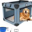 42Inch Soft Dog Crate, Collapsible Soft Travel Crate for Large Dogs, Indoor & Outdoor Portable Pet Kennel with Chew-Proof Mesh Window, Warm Blanket and Foldable Bowl, Blue