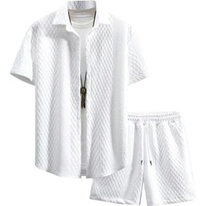 GORGLITTER Men's 2 Piece Outfits Waffle Knit Button Down Shirt Top and Shorts Set XXL