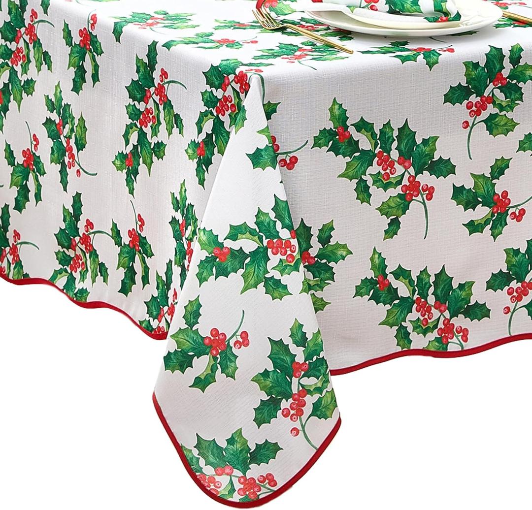 Elrene Home Fashions Vintage Holly Scalloped Edge Border Christmas/Holiday Wrinkle Resistant Rectangle Dining Tablecloth, 60"x84"