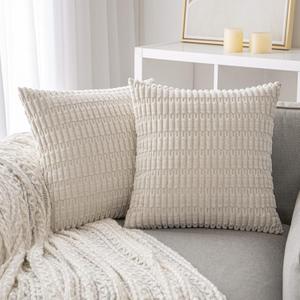 ANRODUO Pack of 2 Cream White Pillow Covers Decorative Throw Pillows 16x16 Inch for Couch Bed Living Room Soft Corduroy Striped Square Cushion Case Boho Throw Pillows Neutral Room Fall Room Decor