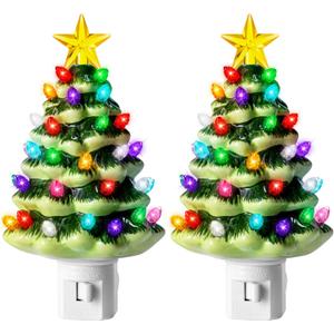 JOYIN 5.5" 2 Pcs Ceramic Xmas Tree Night Lights, Classic Christmas Decor Night Lights with 54 LED, Mini Tree Lights Plug in Christmas Decoration, Bedroom Living Room Hallway Holiday Indoor Decor