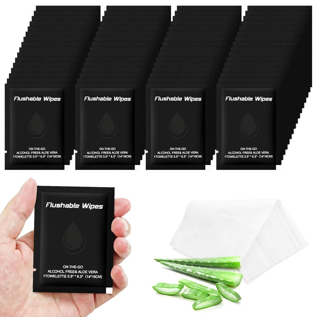 twoworld Flushable Wipes Travel Size Individually Wrapped for Women and Men,Unscented Wet Wipes Travel Size for Adult,Women,Men,Girl and Homeless (Black,Pack of 50)