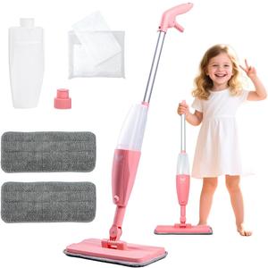 Kids Spray Mop, Pink Mini Mop Set with 2 Microfiber Washable Pads and 10 Disposable Dry Dusting Cloths, Dust Mop for Floor Cleaning, Small Mop for Toddlers Gift