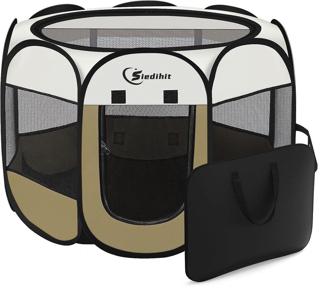 Siedihit Dog Cat Playpen, Medium Puppy Pet Playpen, Dog Crate Tent Cage Indoor/Outdoor, Portable Pop Up Dogs Kennel Playpen with Carrying Case for Dogs/Cats/Rabbits (Khaki,Medium)