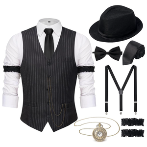 YESSA 1920s Mens Costume,Roaring 20s Costumes for Men,Gatsby Costume Men,1920s Mens Outfit Hat Vest Pocket Watch Tie, 2XL