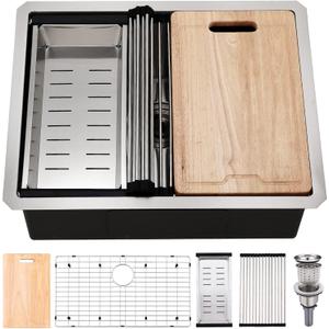 24 Inch Undermount Kitchen Sink, BoomHoze 24 x 19 Inch Sink Kitchen 16 Gauge Stainless Steel Workstation Undermount Single Bowl Outdoor, 24"x19"x10"