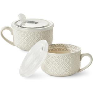 Metahom Ceramic Soup Mugs with Handles and Lids,22 Oz Soup Cups Set of 2, Mug Bowls for Soup, Cereal, Salad, Noodles, Ramen, Microware & Dishwasher Safe, Embossed Design, White