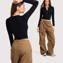 Women 2025 Henley T Shirts Ribbed Button Slim Fit Basic Casual T Shirts Going Out Trendy Outfits Basic Tops Blouse (Black)