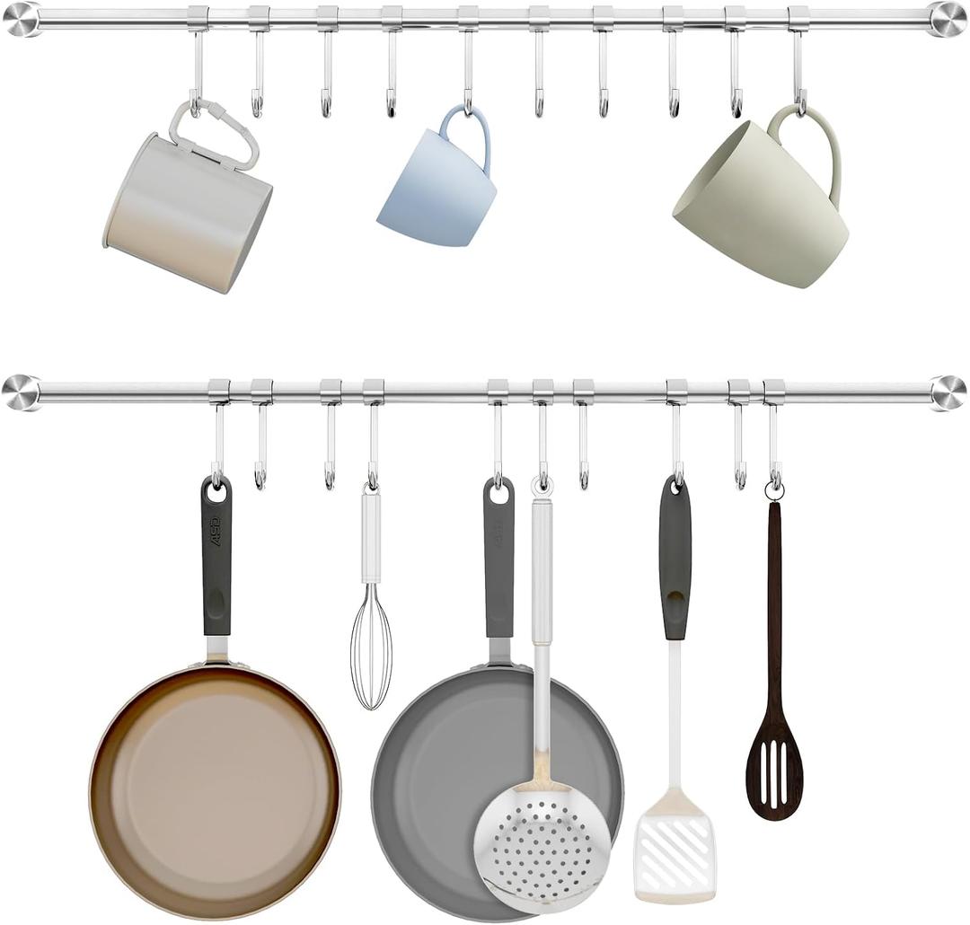 Audmore Kitchen Utensil Rack 2 Pack, 20.9 Inch Pots and Pans Hanging Rack Wall Mounted, 304 Stainless Steel Lid Cooking Utensil Hanger