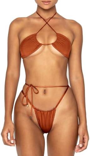 Women Cheeky Bikini Set Halter Thong Solid Color Adjustable Cinched String Two Piece Brazilian Swimsuit Triangle Bathing, M