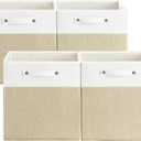 FinishingBo 13 x 13 Inch Fine Linen Storage Bins with HandlesFabric Cube BoxsBasket Organizers for Shelves for Home, Closet Drawers (White/Khaki-4 Pack)