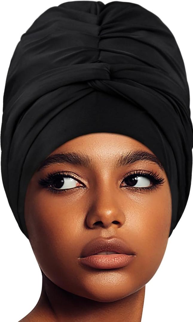 Swim Turban Waterproof Silicone Lined Swim Cap Long Hair Swim Caps for Women Youth - Large Swim Caps (Black)