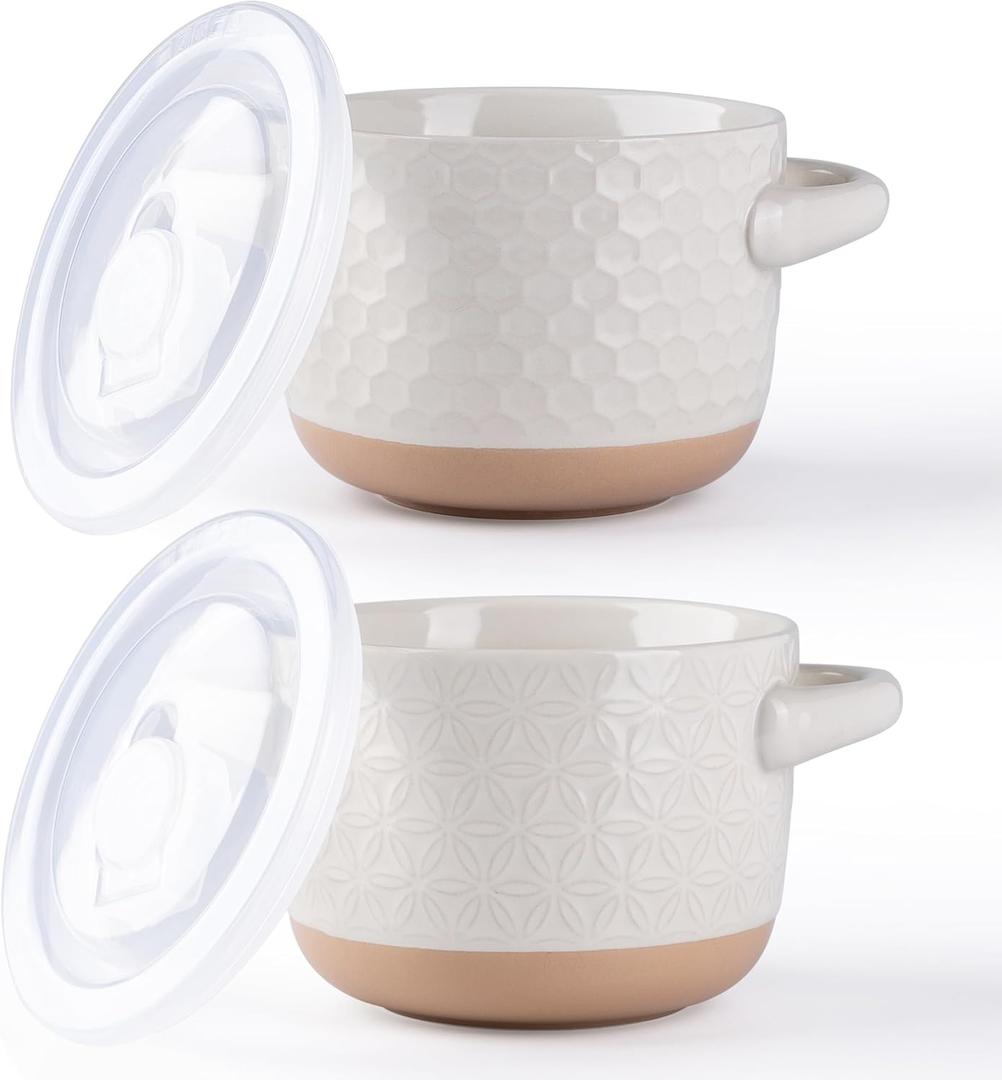 AmorArc 24 Ounces Soup Bowls with Large Handles and Lids, Stoneware Bowls Set of 2 for Soup,Stew, Noodle, Ceramic Kitchen Bowls With Embossed Patterns, Microwave&Dishwasher Safe, Light Beige