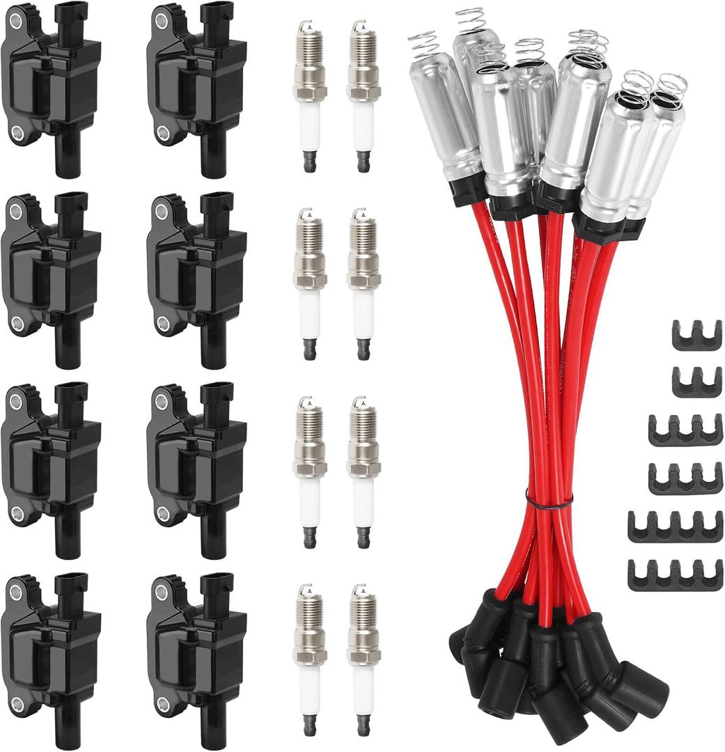 8Pcs UF413 Square Ignition Coils with M8-48322R 8mm Spark Plug Wires Set & 41-962 Platinum Spark Plugs Compatible with Chevy Silverado, Cadillac Escalade, Buick, GMC Sierra 4.8L 5.3L 6.0L 6.2L