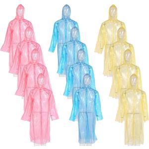 12 Pack Clear Rain Ponchos with Hood for Adults, Family, 3 Colors 51.1 Inches Emergency Raincoats