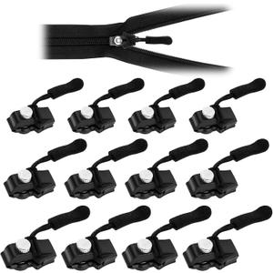 Zipper Repair Kit Universal Zipper Slider Replacement 12pcs 3 Different Size Black Zippers Fix Repair Kit for Backpack, Jackets, Coats, Tents, Luggage, Bags