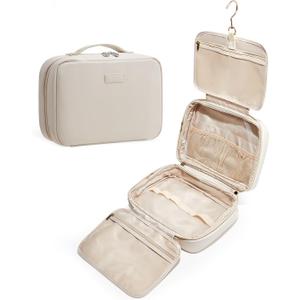 EACHY Toiletry Bag with Hanging Hook, Travel Makeup Bag PU Leather Cosmetic Bags for Women Make Up Organizer with 4 Compartments Waterproof Full-Size Portable Travel Essentials (Beige)
