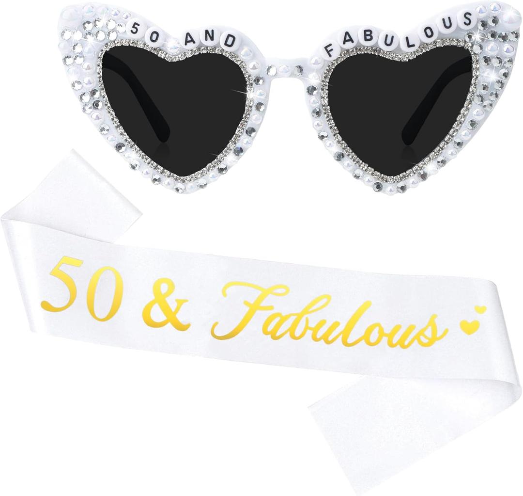 50th Birthday Decorations, Birthday Sash & Birthday Glasses for Women 50th Birthday Gifts for Her 50 and Fabulous Birthday Decorations Party Favors for Women