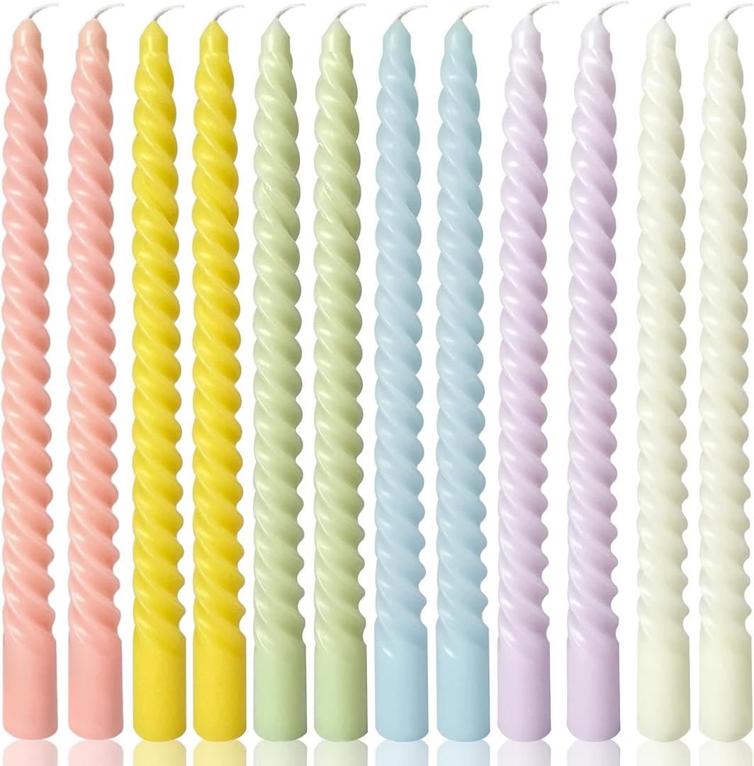 10 Inch Cream Spiral Taper Candles for Home Decoration, 12 Pack Candy-Color Candlesticks for Dinner Party Wedding Holiday