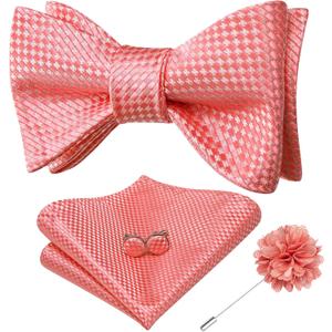 Dubulle Self Tie Bow Ties and Lapel Pin for Men Paisley Solid Mens Bowtie and Handkerchief Cufflinks Set Wedding, Coral Pink
