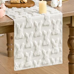 Artoid Mode White Soft Plush Faux Fur Jacquard Bunny Rabbit Easter Table Runner, Seasonal Kitchen Dining Table Decoration for Home Party Decor 13x120 Inch