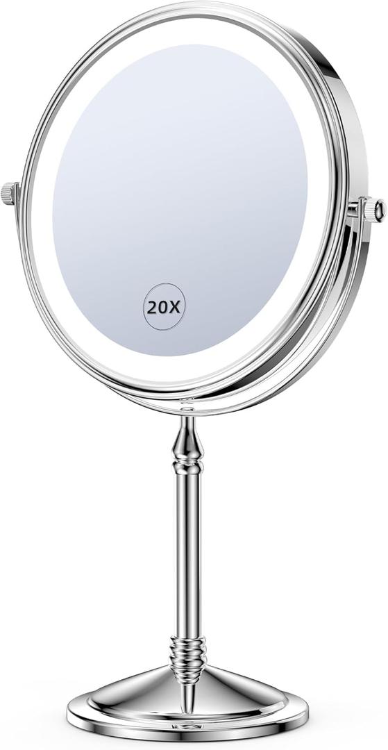 DOWRY 4000 mAh Rechargeable Lighted Makeup Mirror 20x Magnification Vanity Mirror Tabletop Two-Sided Swivel Gifts for Women Wife Mom Teengirls Mothers Day Chrome