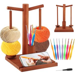 Yarn Holder for Crocheting and Knitting, 2-Spindles Magnetic Wooden Yarn Spinner Spool Rack with Phone Stand and Crochet Accessories Storage Cylinder, Gifts for Crochet Lovers(Color:Brown)