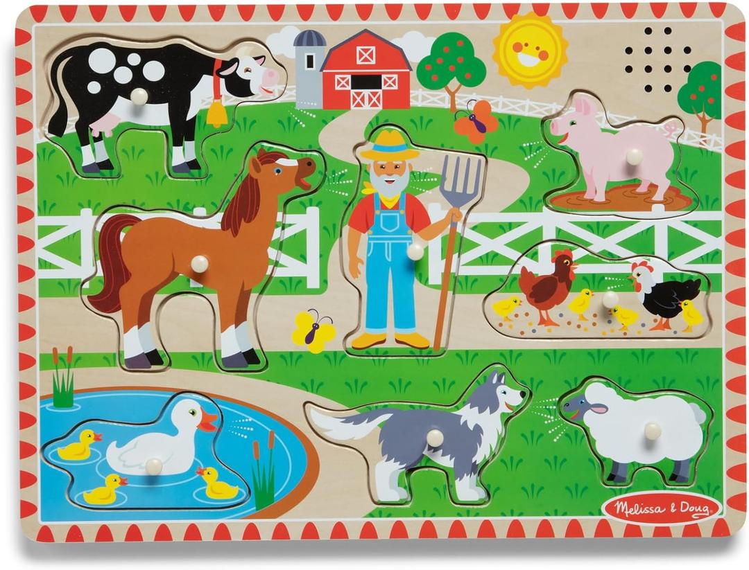 Melissa & Doug Old MacDonald's Farm Song Puzzle  8-Piece Wooden Peg Puzzle with Light-Activated Sounds, Music Learning Toy for Toddlers and Preschoolers Ages 2+